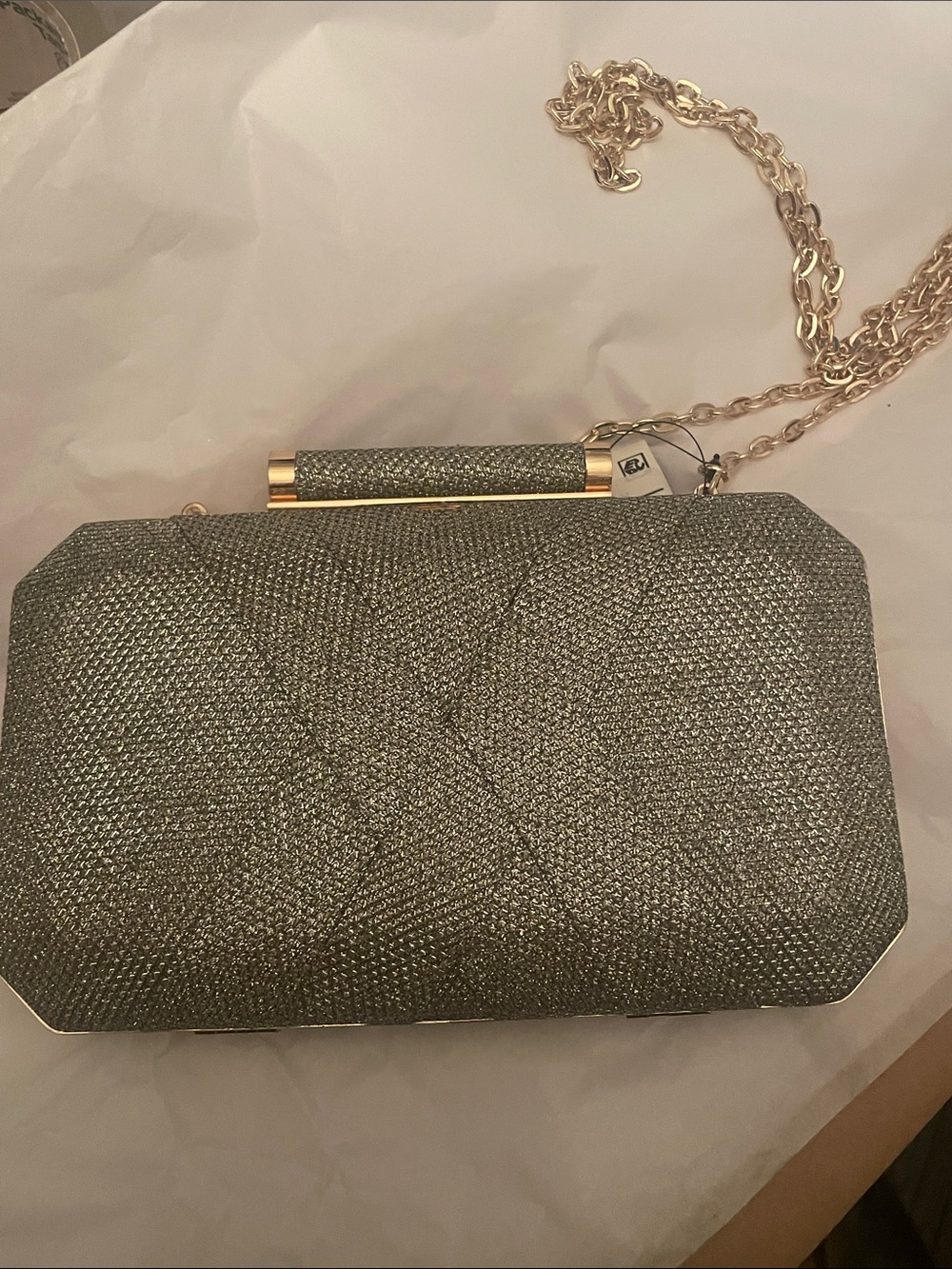 INC International Concepts Silver Metallic Quilted Clutch with Chain